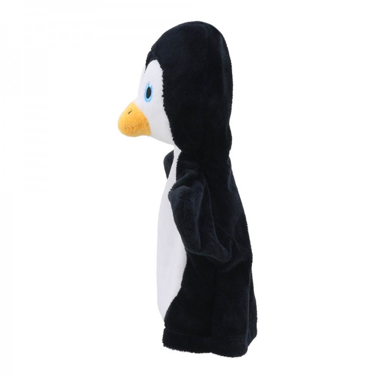 The Puppet Company baby hand puppet penguin, black and white puppet, side view