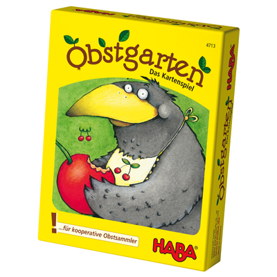 HABA card game Obstgarten, yellow box illustrated with a raven stealing cherries