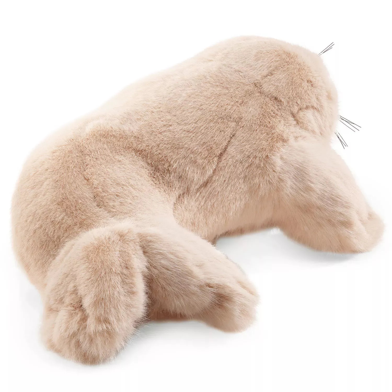 Folkmanis Handpuppe Robbenbaby in sanftem Beige mit Metallbarthaaren, liegende Pose, Schrägansicht von hinten
