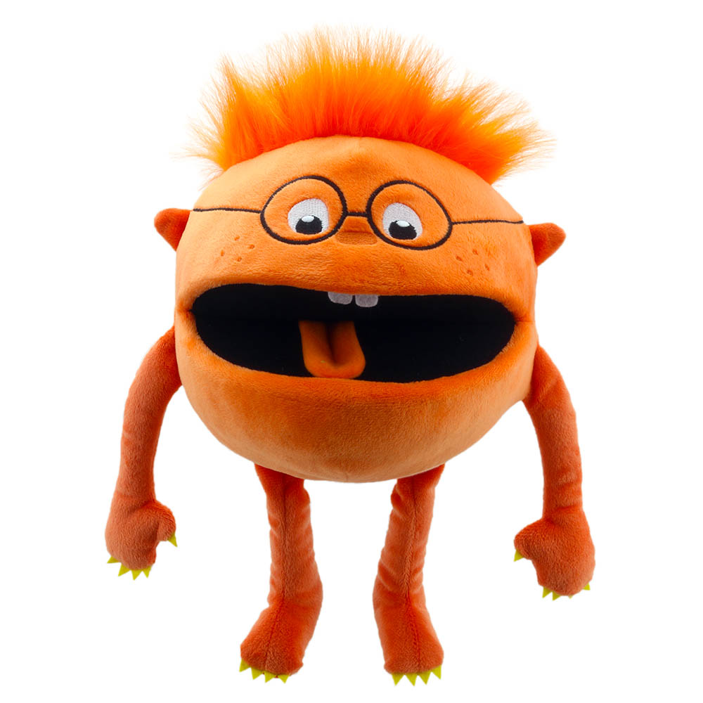 The Puppet Company Handpuppe Baby Monster orange, orangefarbenes Monster mit Brille und stacheligem Haarschopf