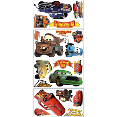 RoomMates wall decal Disney Pixar Cars Piston Cup Champions, four decal sheets with Lightning McQueen, Mater and other Cars characters on a white background