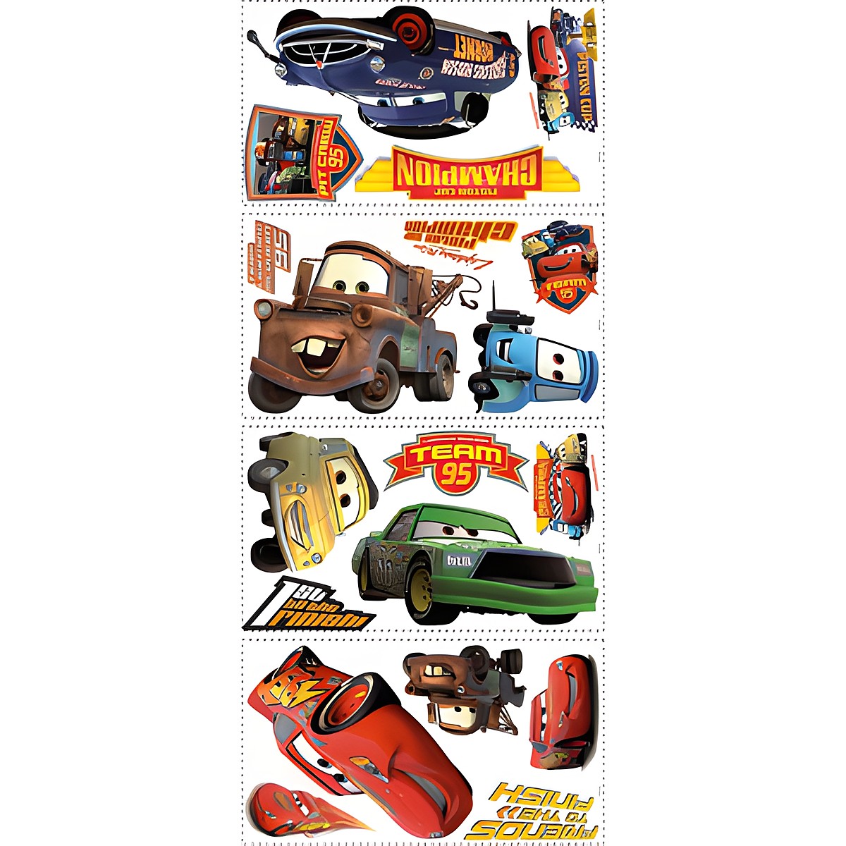 RoomMates wall decal Disney Pixar Cars Piston Cup Champions, four decal sheets with Lightning McQueen, Mater and other Cars characters on a white background