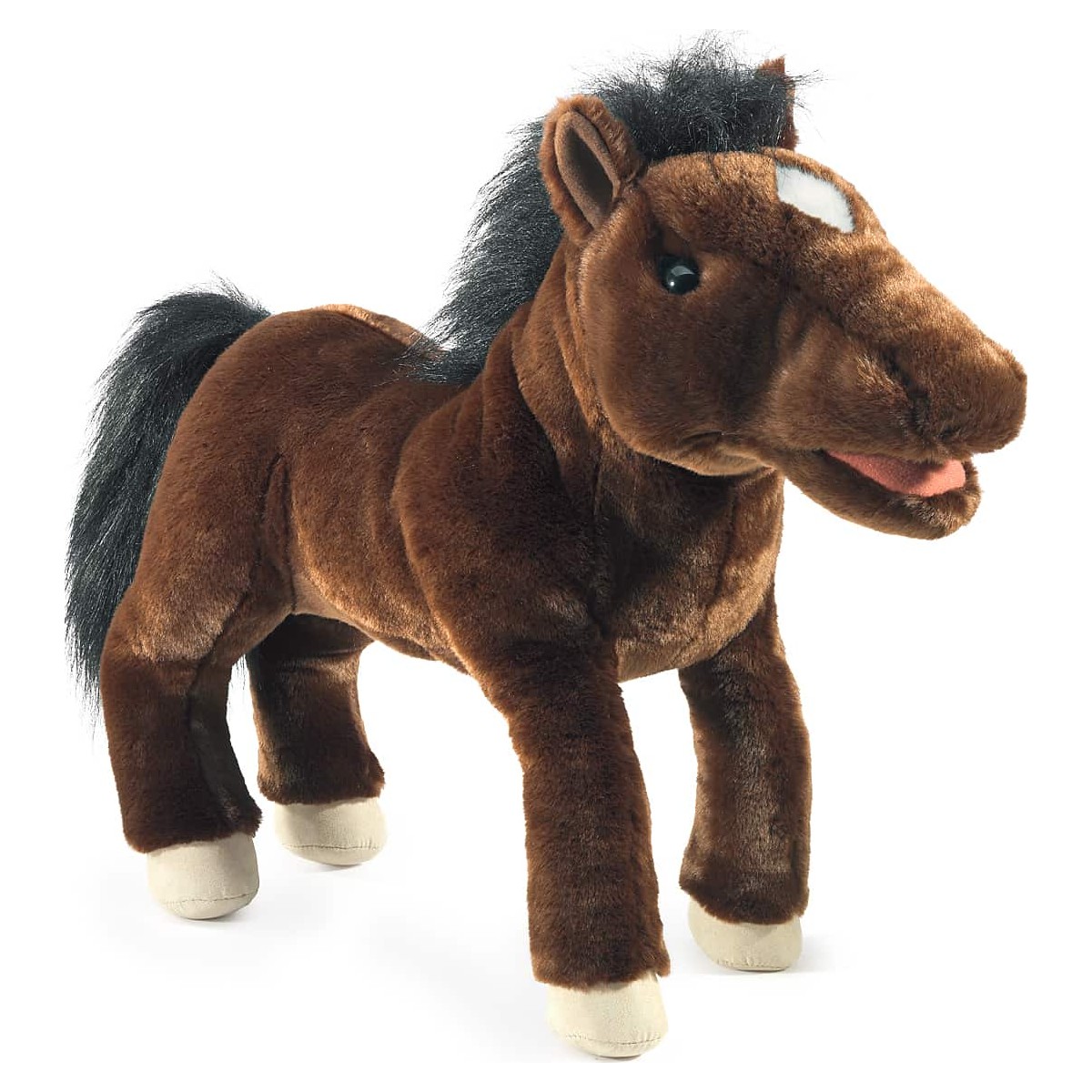 Folkmanis Handpuppe Pferd in Dunkelbraun mit schwarzer Mähne, weißem Blatt und beweglichem Maul, stehend in Seitenansicht