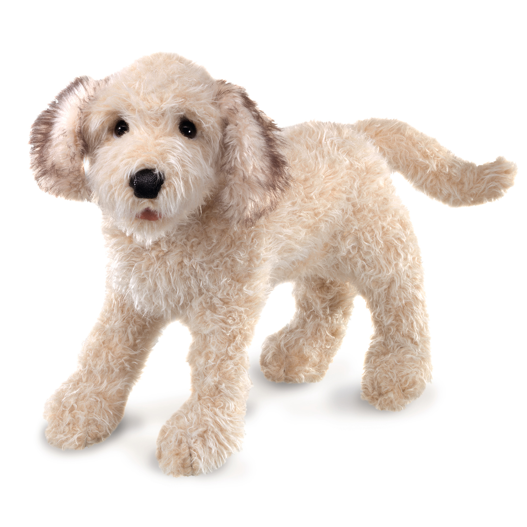 Folkmanis Handpuppe Labradoodle mit cremefarbenem Lockenfell und graubraunen Ohren, stehend in Seitenansicht