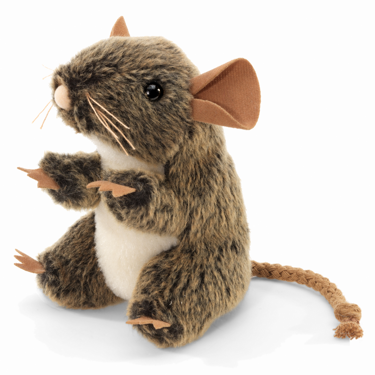 Folkmanis Fingerpuppe mini Feldmaus aus braun-grauem Plüsch, sitzend mit erhobenen Pfoten und geflochtenem Schwanz