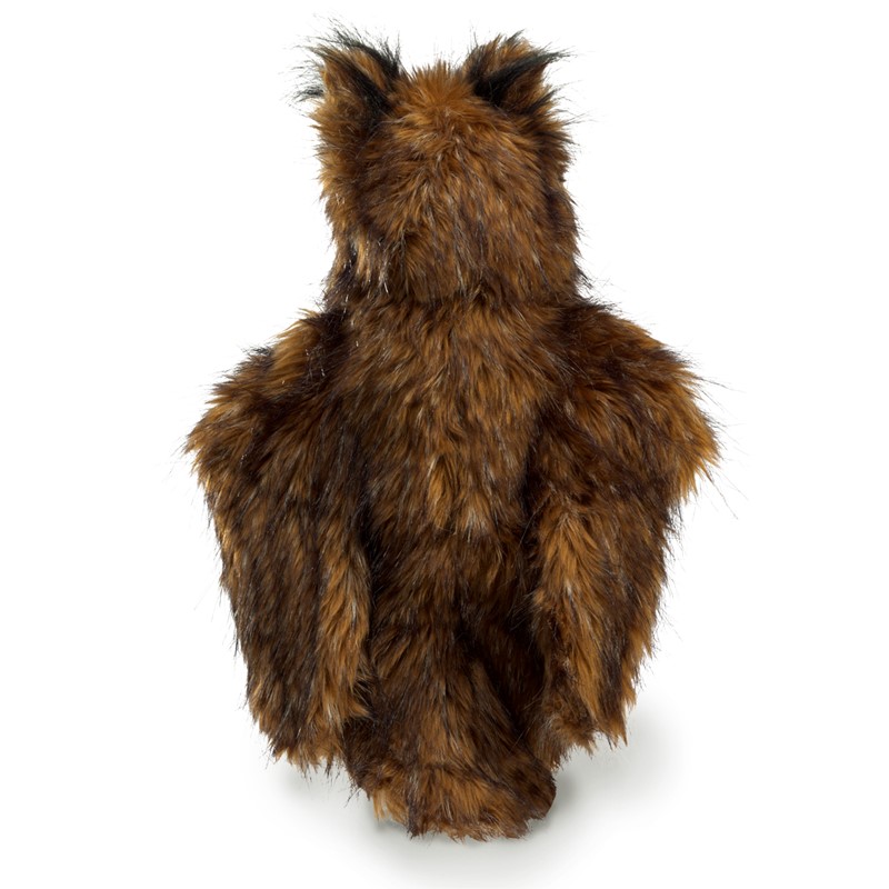 Folkmanis Handpuppe Eule von hinten mit dunkelbraun-rostfarbenem Langflor-Plüsch und spitzen Ohren