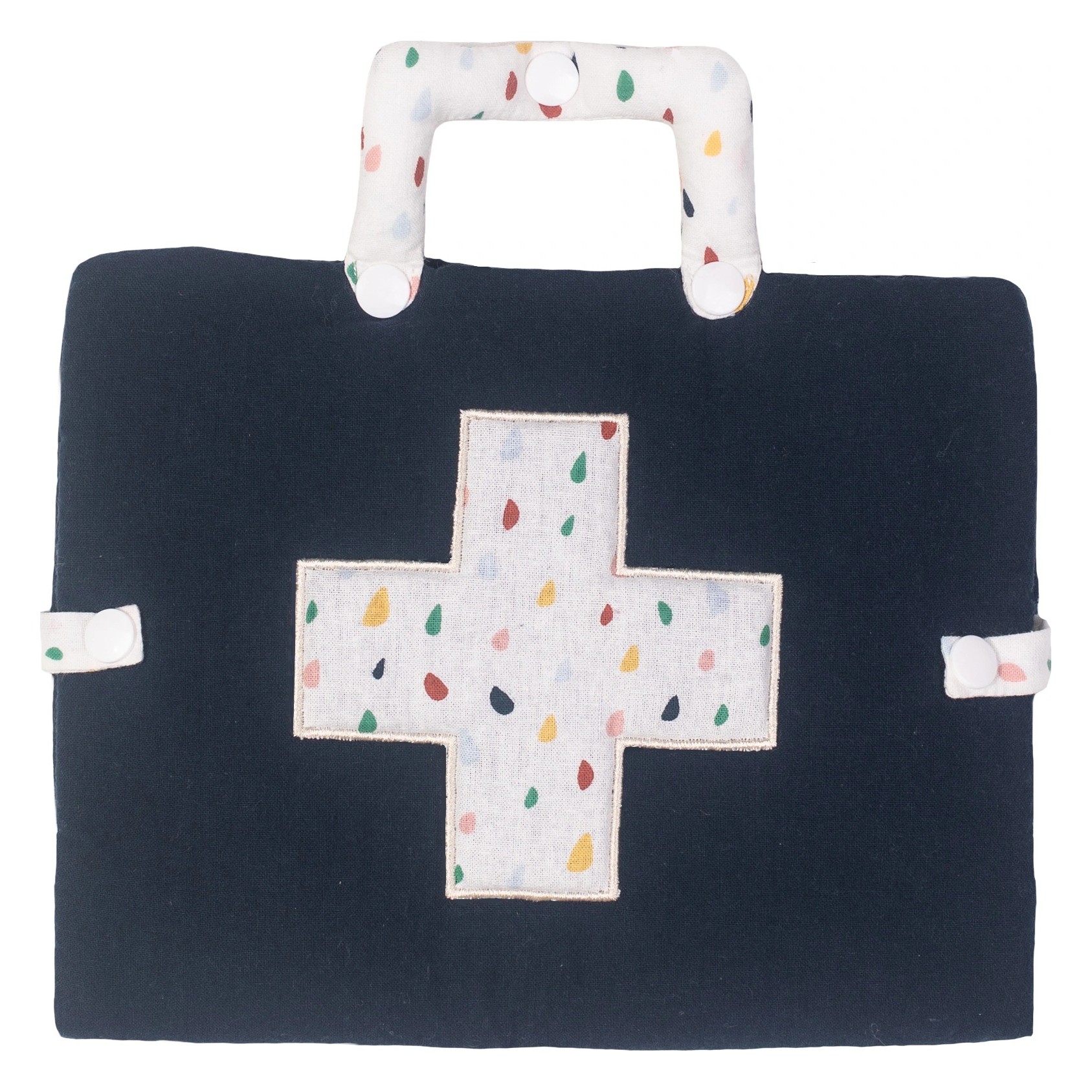 Erste-Hilfe-Set von Rubens Barn: dunkelblaue Stofftasche mit gemustertem Kreuz und Tragegriff
