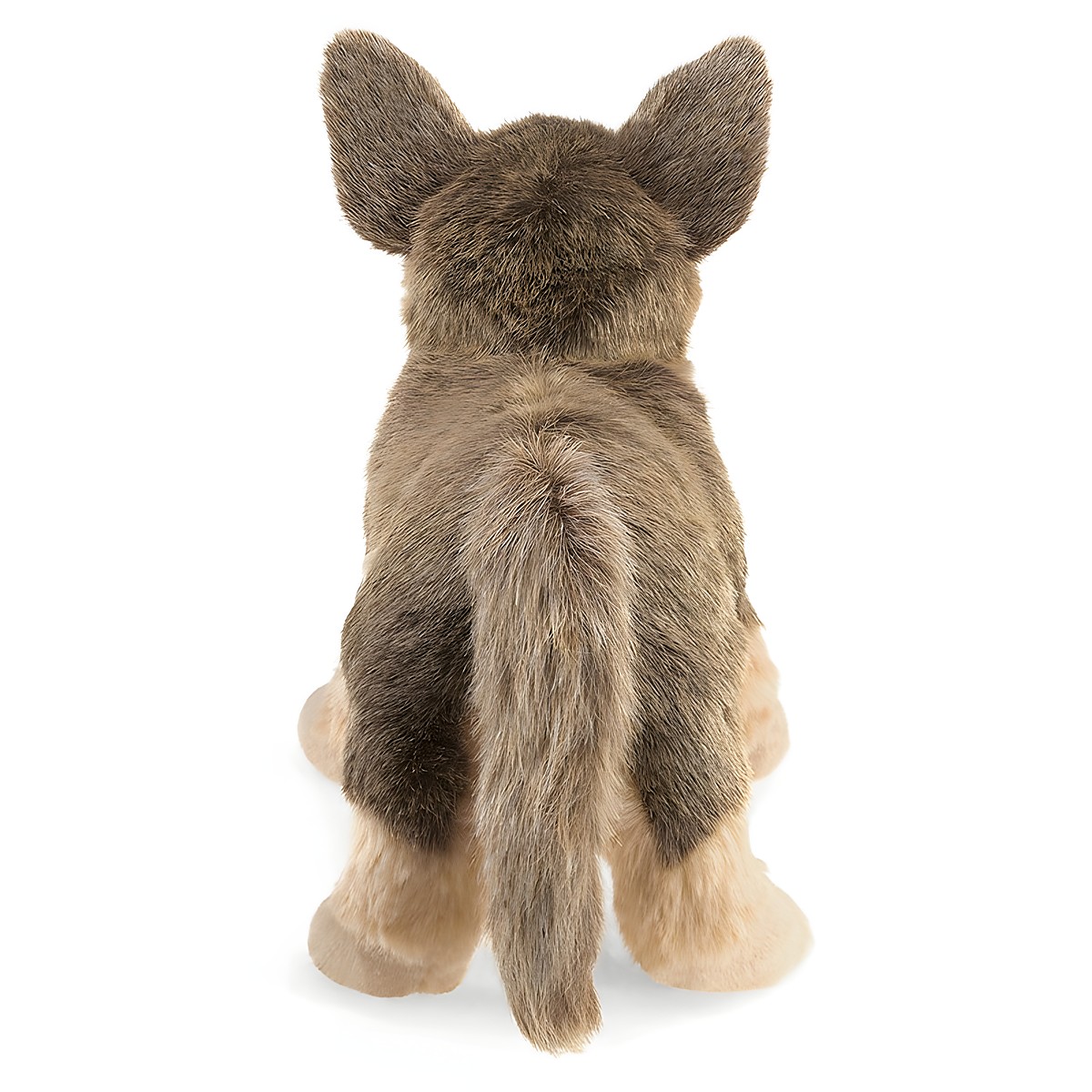 Folkmanis Handpuppe Schäferhundwelpe von hinten, sitzendes Plüschtier mit braun-beigem Fell und aufgestellten Ohren