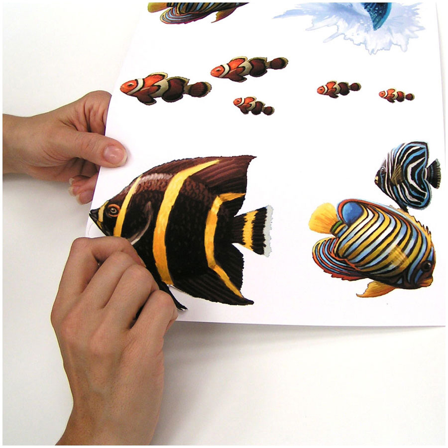 RoomMates wall decal Under Sea, hands peeling a striped fish motif off the backing sheet, usage example