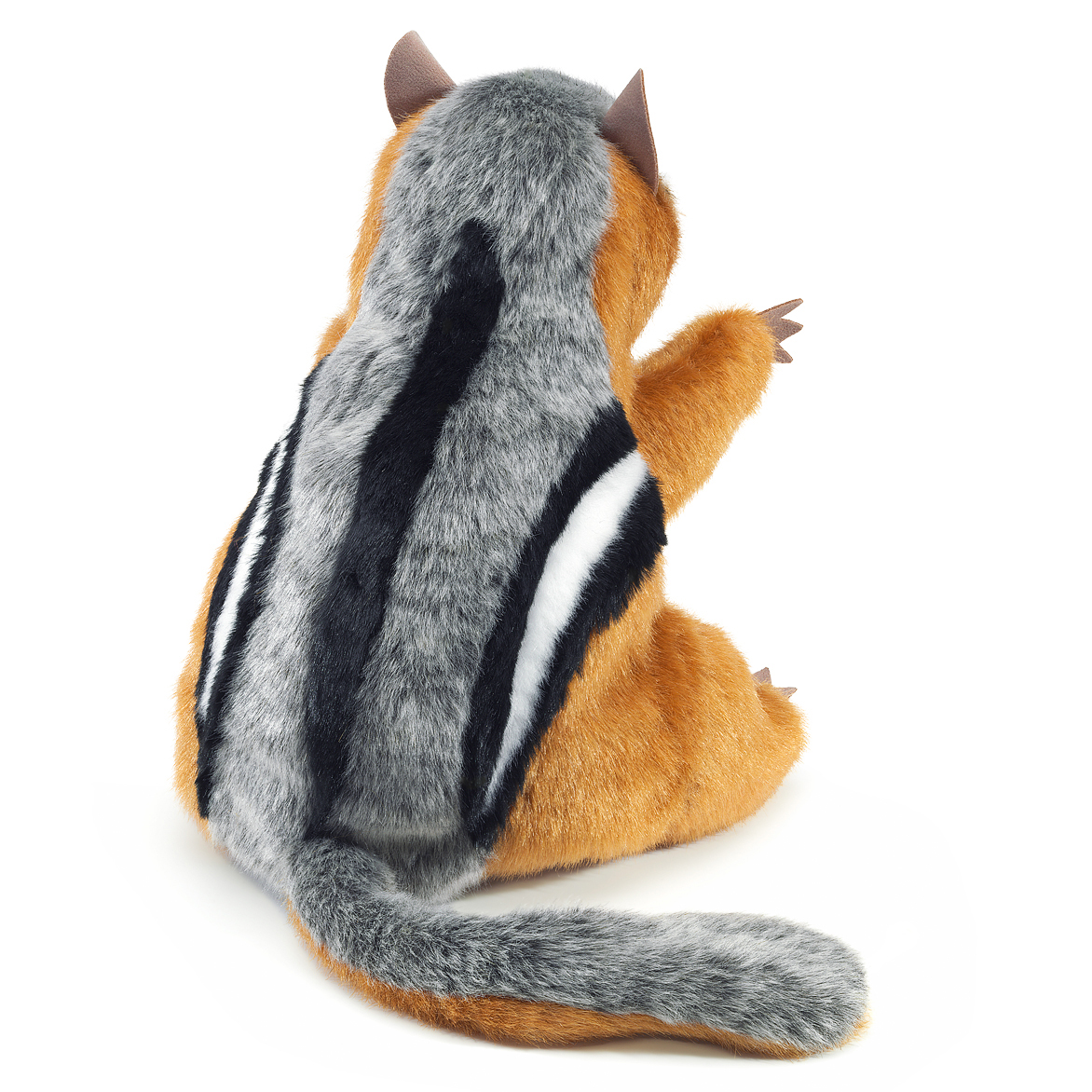 Folkmanis Handpuppe Streifenhörnchen von hinten: orange-braunes Plüschfell mit grau-schwarz-weißen Rückenstreifen und langem grauem Schwanz
