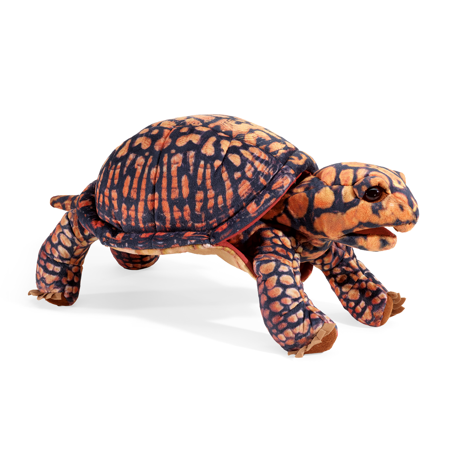 Folkmanis box turtle hand puppet with a dark blue and orange scale pattern, movable mouth, shown at an angle