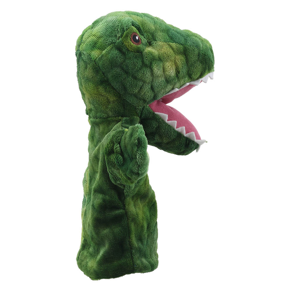 The Puppet Company T-Rex dinosaur hand puppet, green dinosaur with an open mouth, side view from the other side