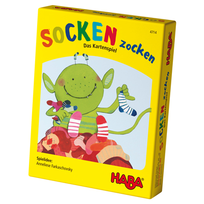 HABA card game Socken zocken, yellow box featuring a green monster sorting colorful socks