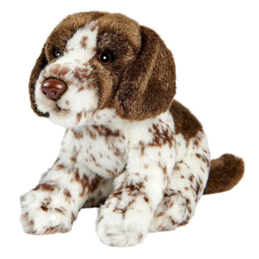 Sitzender Pointer-Welpe von Anima mit braun getupftem weißem Fell und braunen Schlappohren