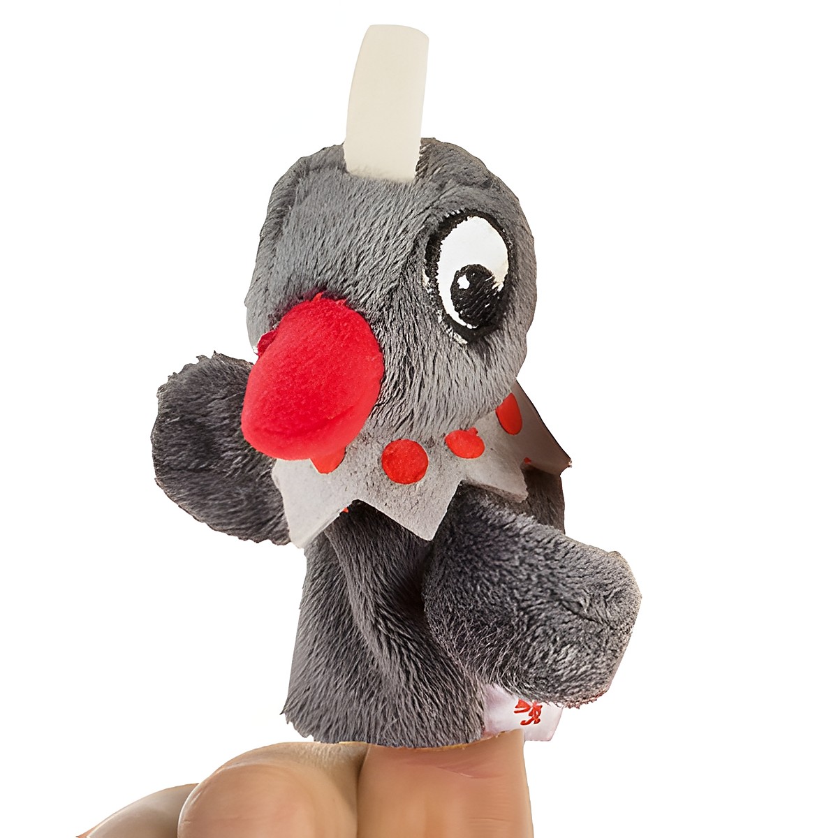 Heunec finger puppet Frau Elster, grey plush character with a white feather tuft, red beak and red dots, worn on a finger