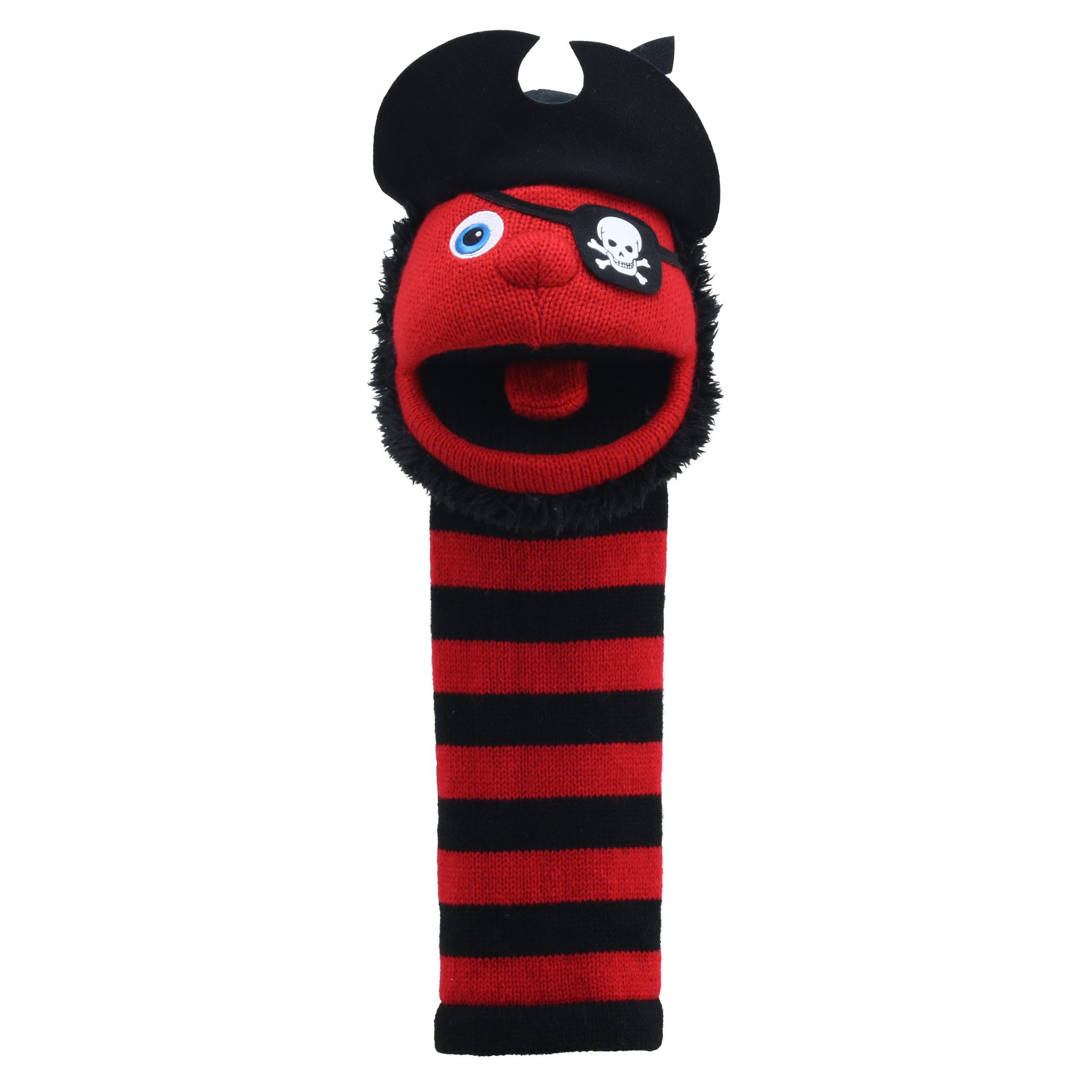 The Puppet Company Sockenhandpuppe Pirat, rot-schwarzes Monster mit Kopftuch, Augenklappe und Totenkopf-Motiv
