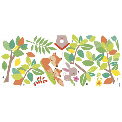 RoomMates Wandbild Woodland Waldtiere Baum, Klebebogen mit nummerierten Blätter-, Ast- und Fuchs-Motiven auf weißem Untergrund