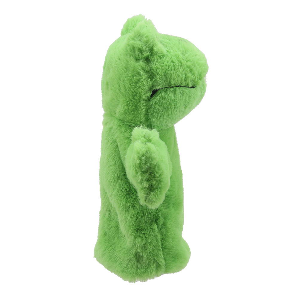 The Puppet Company baby hand puppet frog, profile view with lowered head and a green arm
