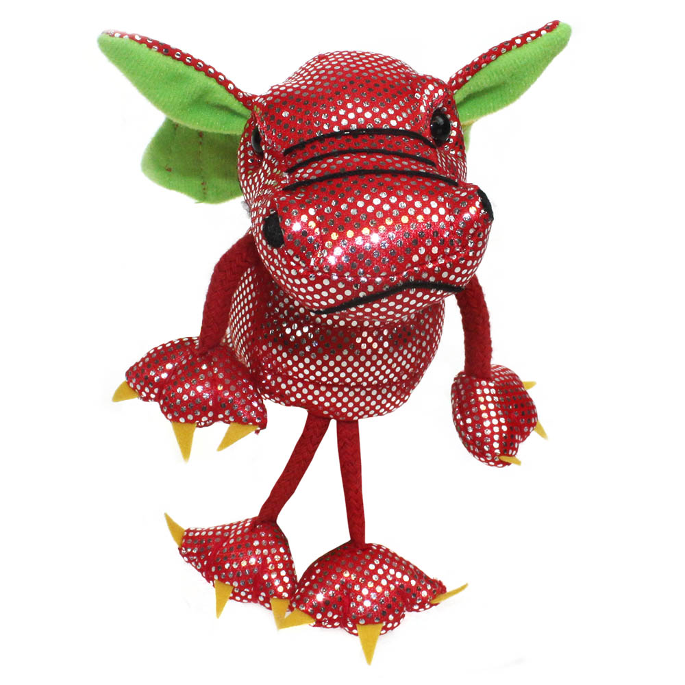 The Puppet Company Fingerpuppe Drache, glitzernd roter Drache mit grünen Ohren, Frontansicht