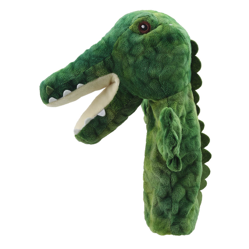 The Puppet Company crocodile hand puppet, green crocodile with ridged spikes on its back and open mouth, side view