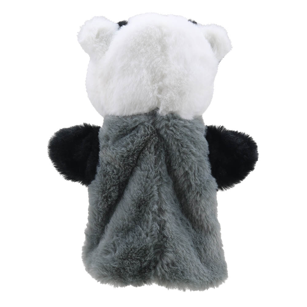 The Puppet Company hand puppet badger, back view with a white head and grey back