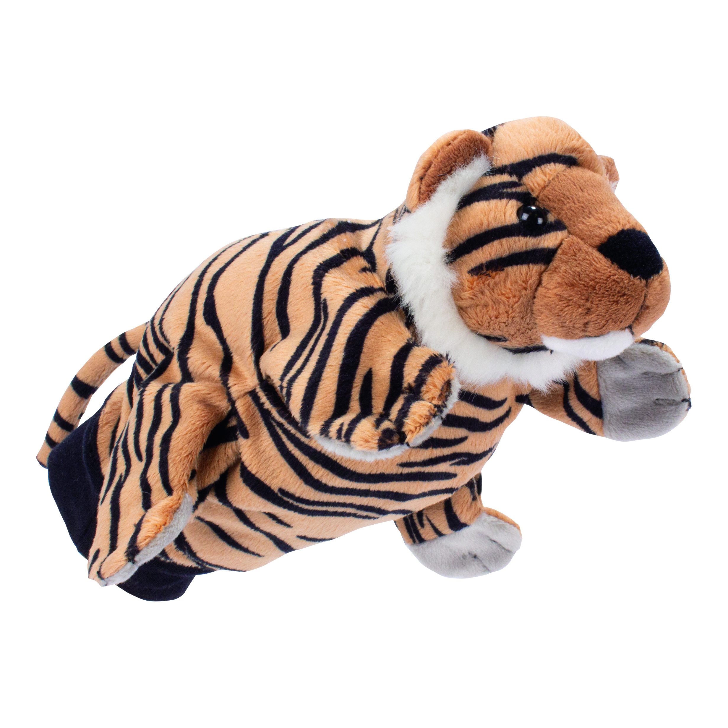 Beleduc Handpuppe Tiger mit orange-schwarz gestreiftem Fell und weißer Brust, liegende Haltung