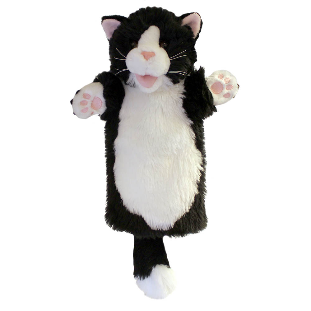 The Puppet Company Baby-Handpuppe Katze, schwarz-weiße Katzen-Handpuppe mit rosa Nase und ausgestreckten Pfoten