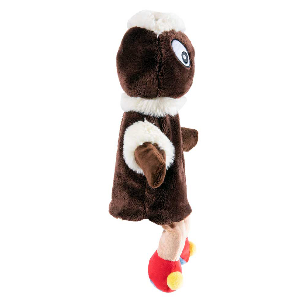 Heunec Handpuppe Pittiplatsch, dunkelbraune Plueschpuppe im Profil mit weissem Fellkragen und rotem Stiefel