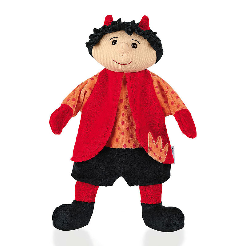 Sterntaler baby hand puppet devil, red horns, black curls, a red cape and an orange polka-dot shirt