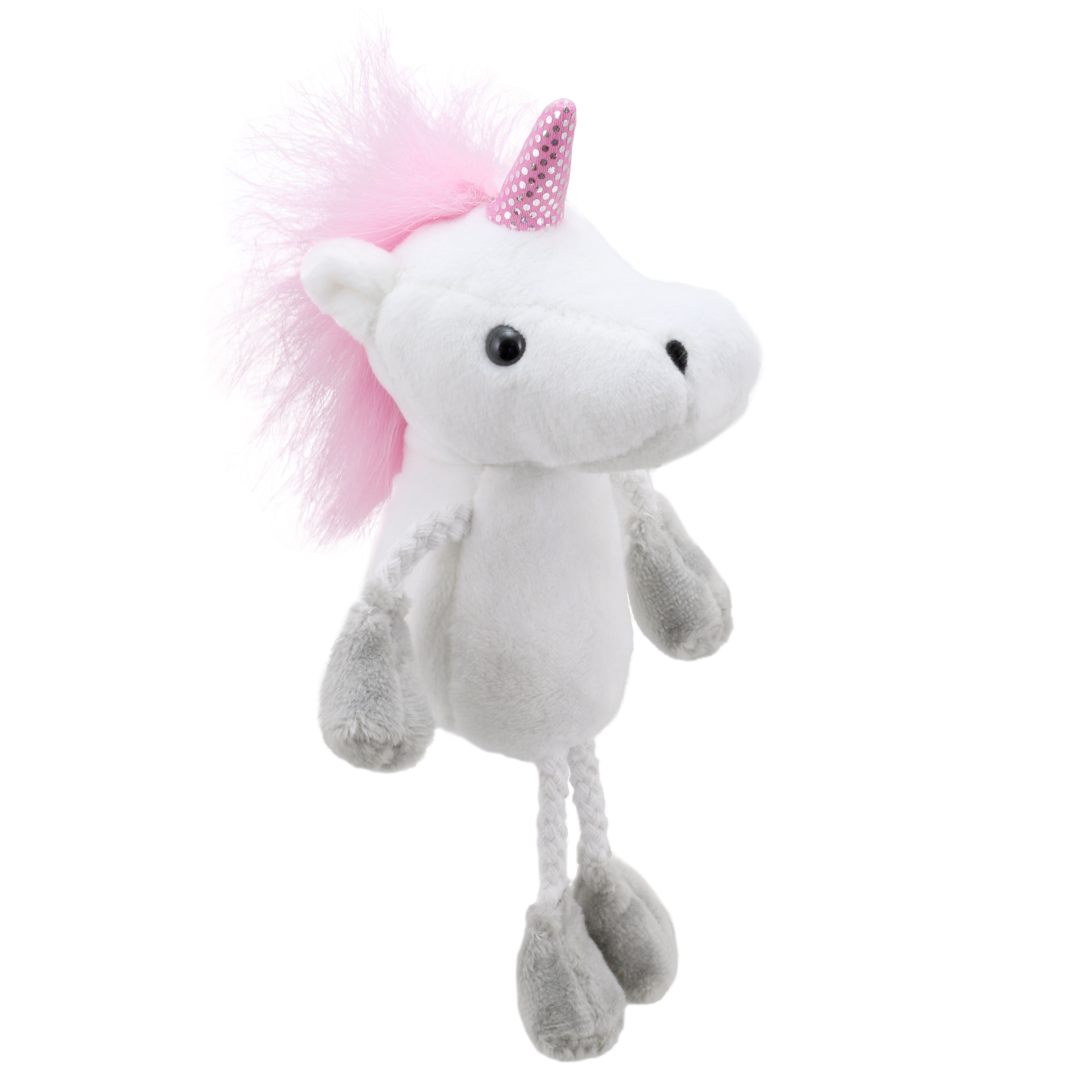 The Puppet Company finger puppet unicorn, white finger puppet with a pink mane and horn, long fabric legs