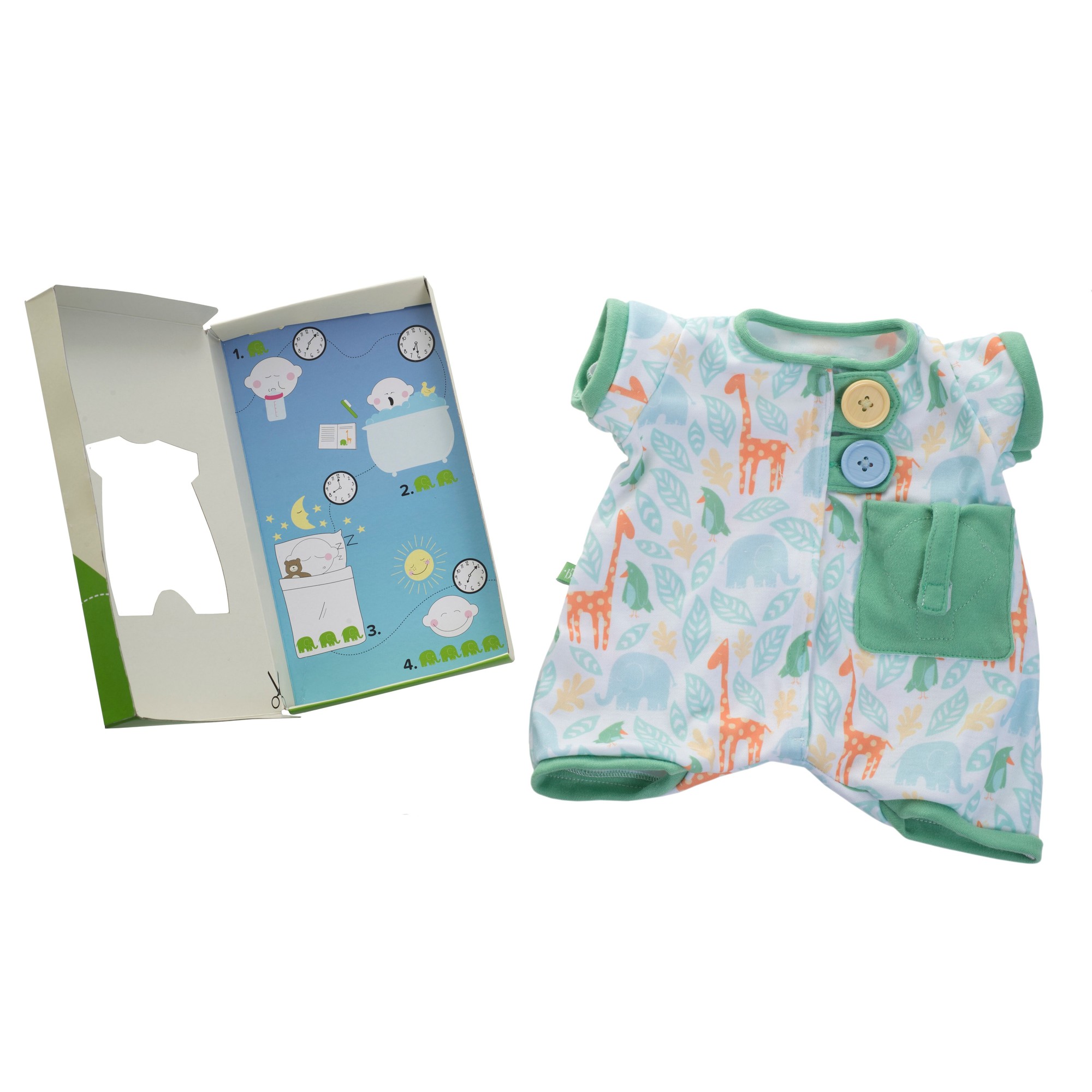 Pocket-Friends-Schlafanzug in Grün von Rubens Barn neben der Geschenkverpackung