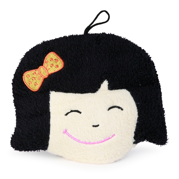 Egmont Toys wash mitt girl, plush washcloth with black hair, orange bow and smiling face