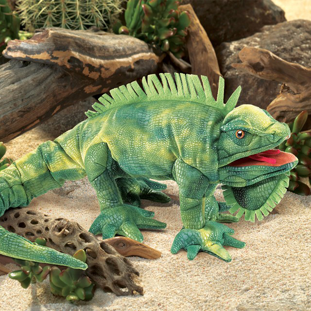 Folkmanis iguana hand puppet in green with detailed scale texture, dorsal crest and open mouth, displayed on sand