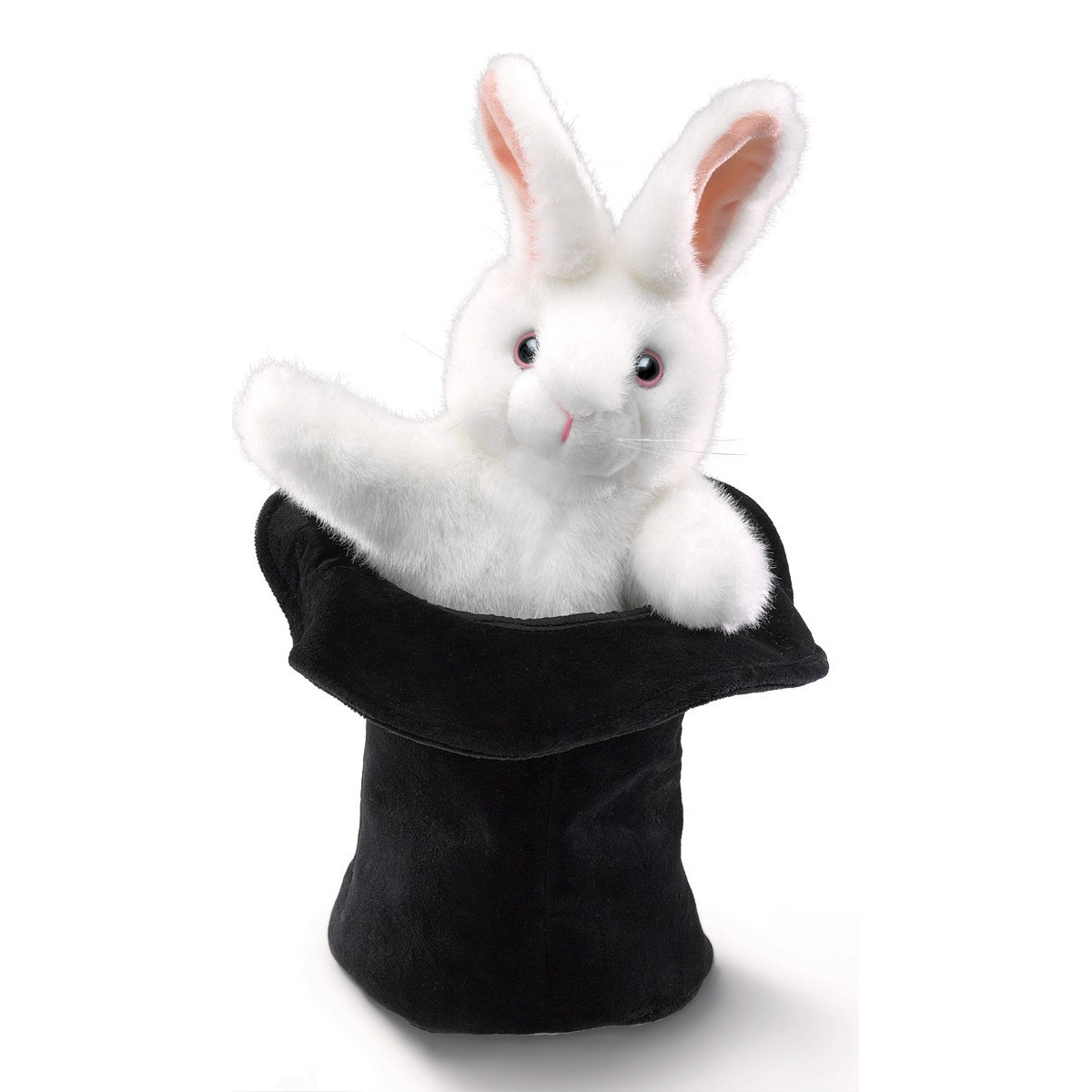 Folkmanis Handpuppe weißes Kaninchen lugt aus schwarzem Plüsch-Zylinder hervor, Frontalansicht