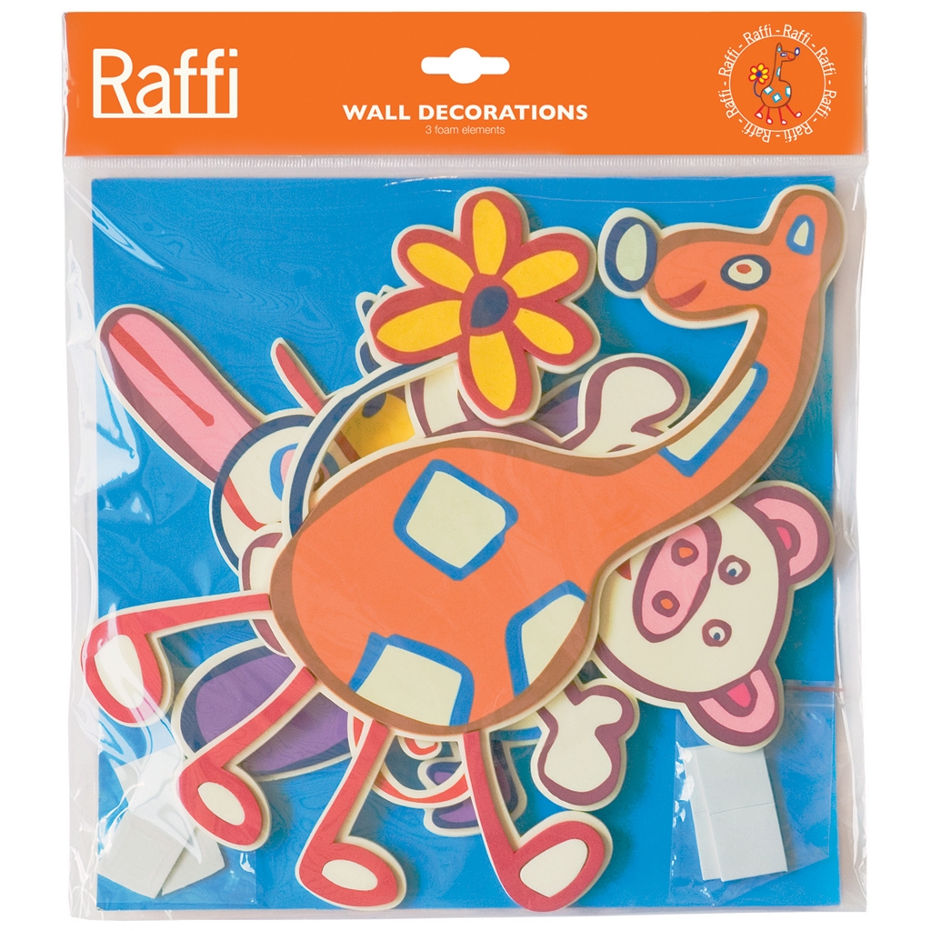decofun Wanddekoration Raffi Junior in Verpackung, Libelle, Giraffe und Schweinchen auf blauem Untergrund