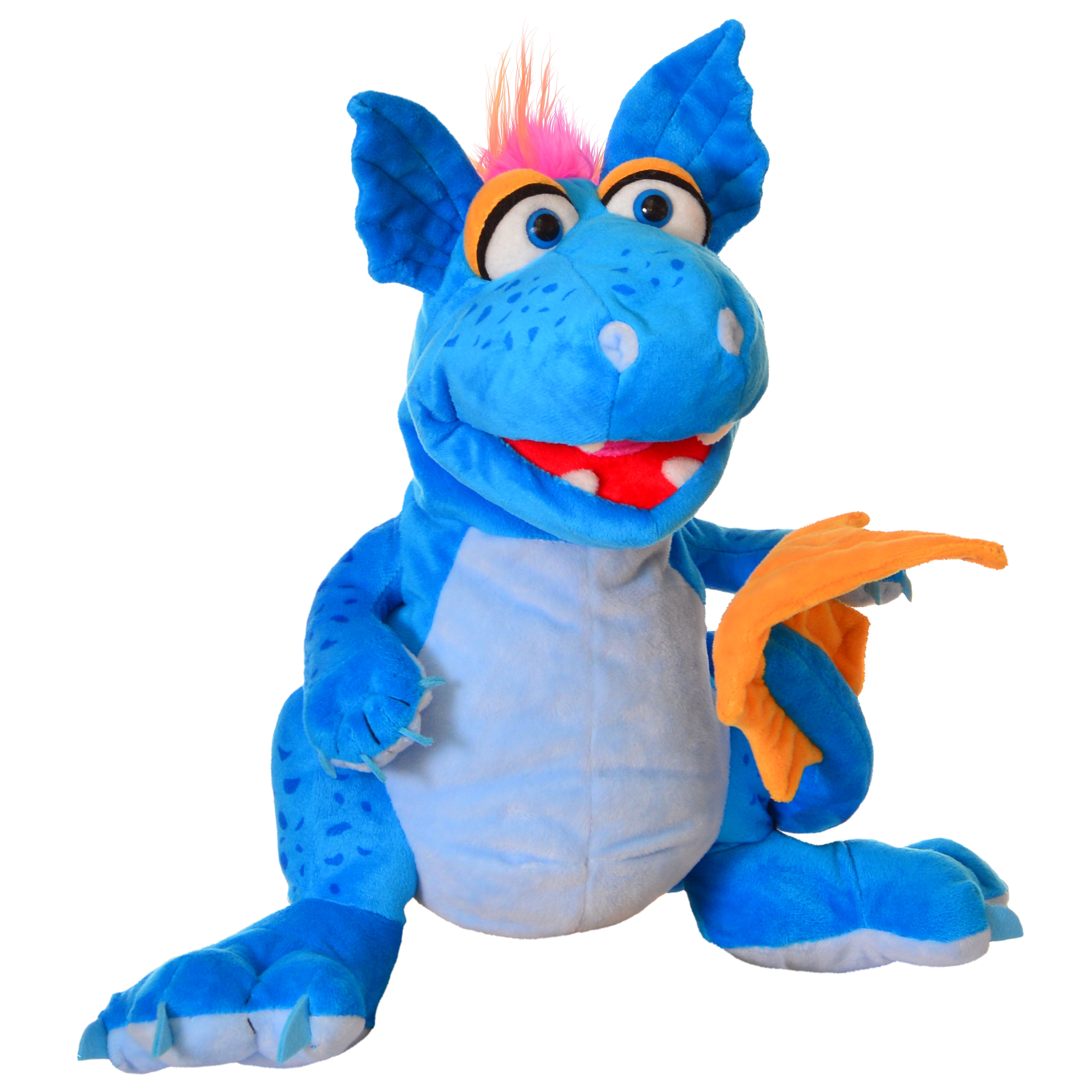 Living Puppets Handpuppe Cosmo Drache in Blau mit orangen Flügeln und pinkem Schopf