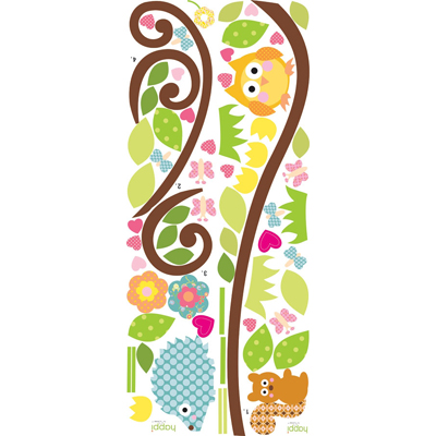RoomMates Wandbild Happi Scroll Branch, zwei Klebebögen mit Ast-, Eulen-, Igel- und Eichhörnchen-Motiven auf weißem Untergrund