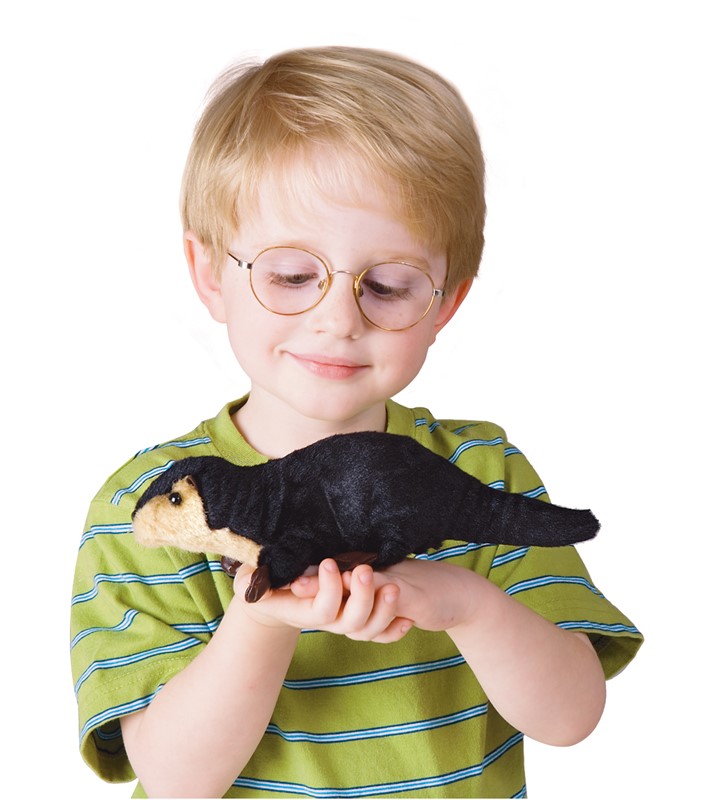 Junge mit Brille hält die Folkmanis Fingerpuppe mini Flussotter in der offenen Hand und schaut lächelnd darauf.