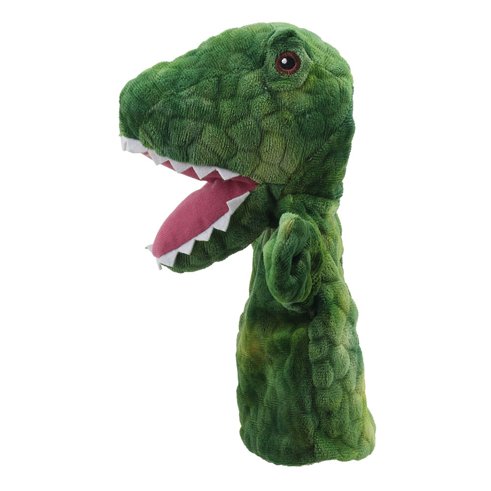 The Puppet Company T-Rex dinosaur hand puppet, green dinosaur with sharp teeth, side view