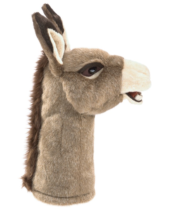 Folkmanis donkey hand puppet shown from the side with a movable mouth, brown-beige fur and upright ears