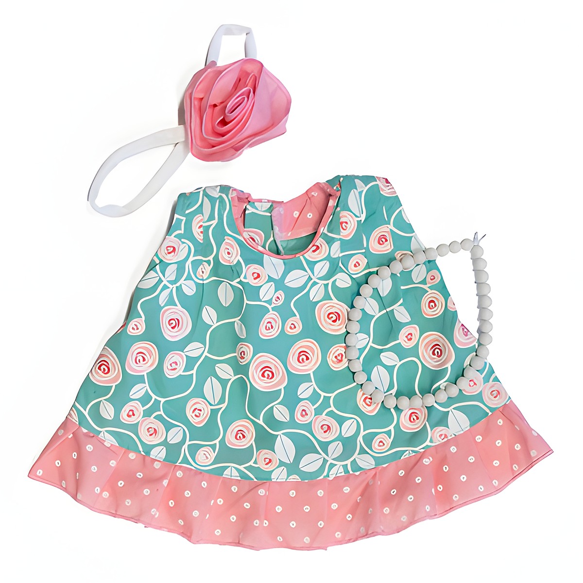 Party-Kollektion für Little Rubens Puppen: Rosenkleid, Perlenkette und Haarband mit Stoffrose