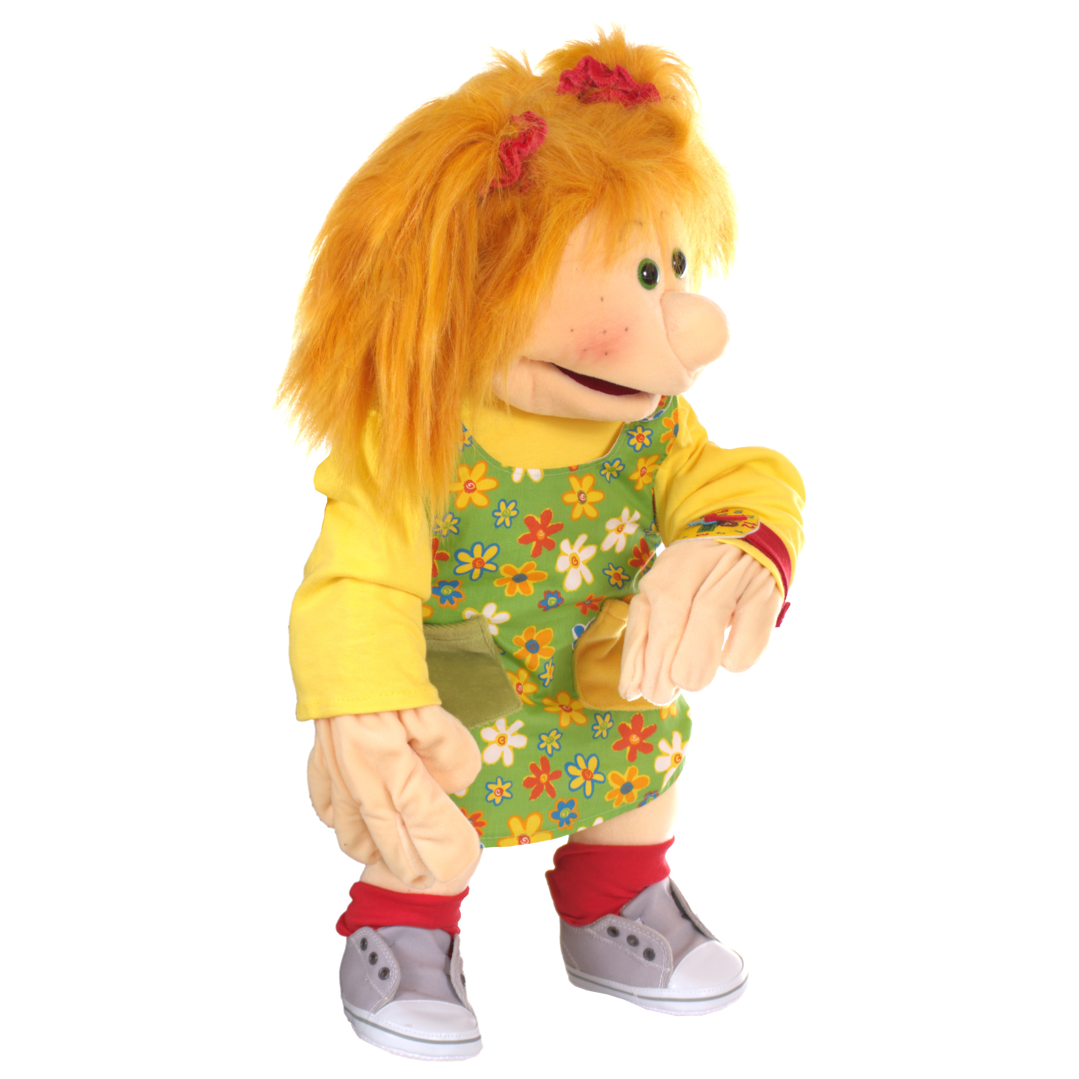 Living Puppets Handpuppe Marleen mit orangefarbenen Haaren und geblümtem Kleid, vorgebeugt mit ausgestreckten Händen, Seitenansicht