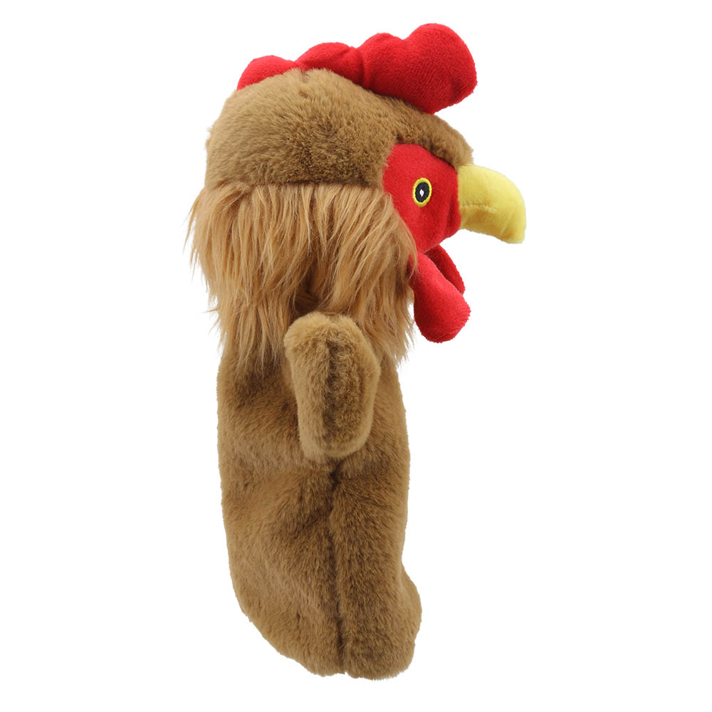 The Puppet Company baby hand puppet hen, close-up profile with a yellow beak and red comb