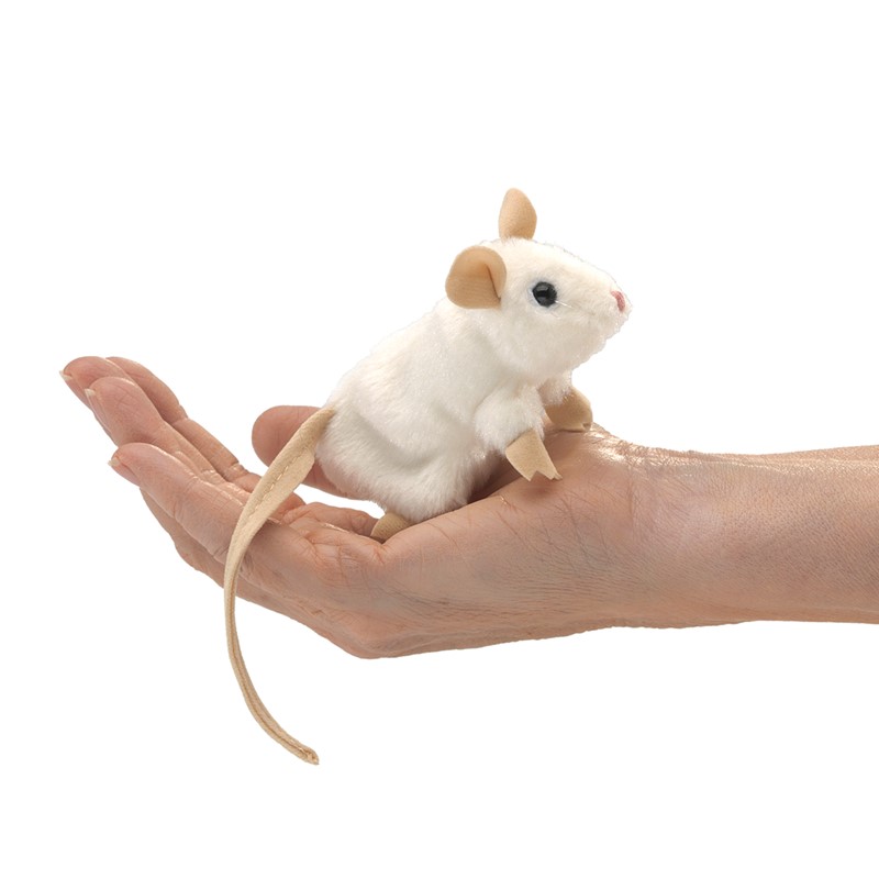 Folkmanis Mini White Mouse finger puppet made of white plush with a beige tail, lying on a palm