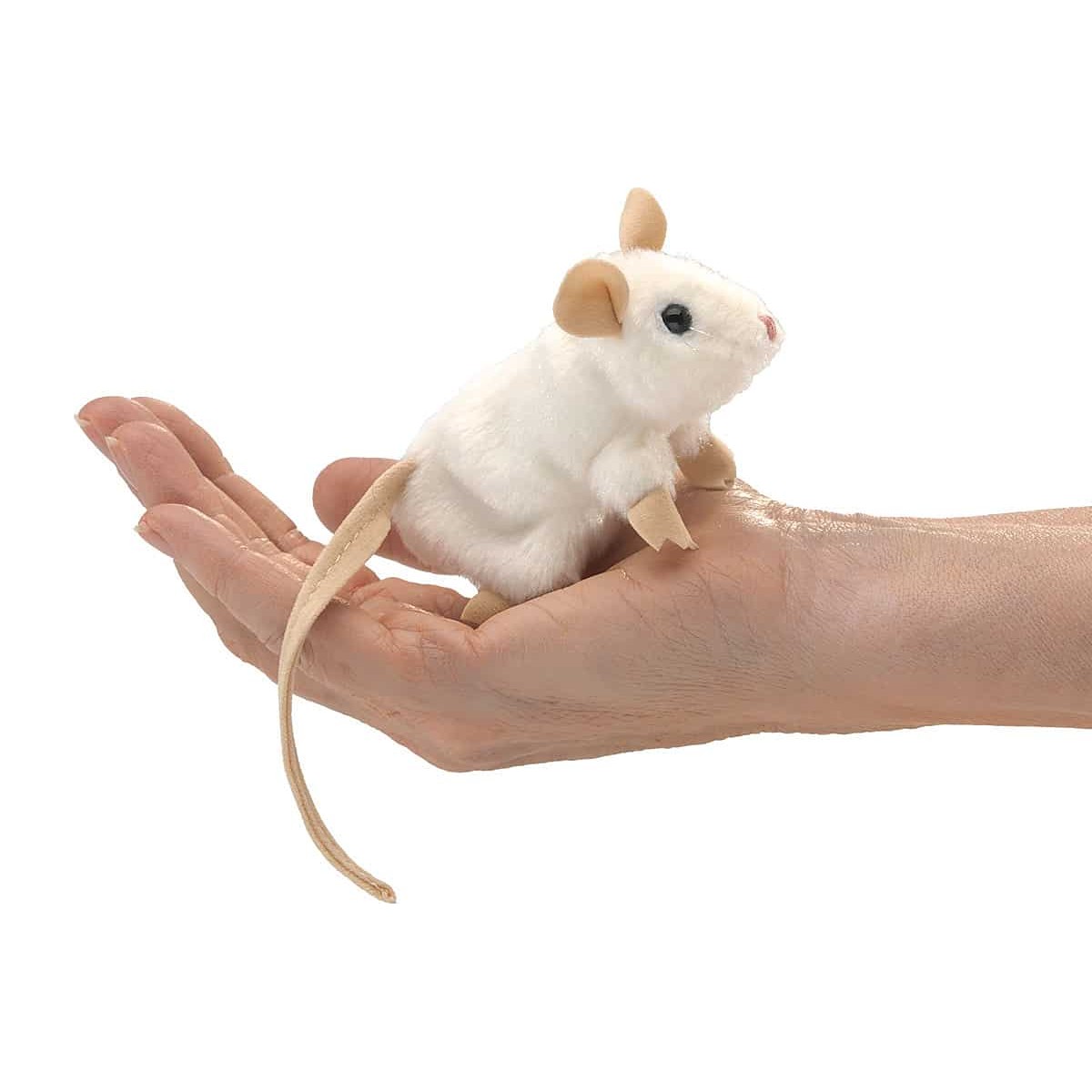 Folkmanis Fingerpuppe Mini Weiße Maus aus weißem Plüsch mit beigem Schwanz, auf einer Handfläche liegend