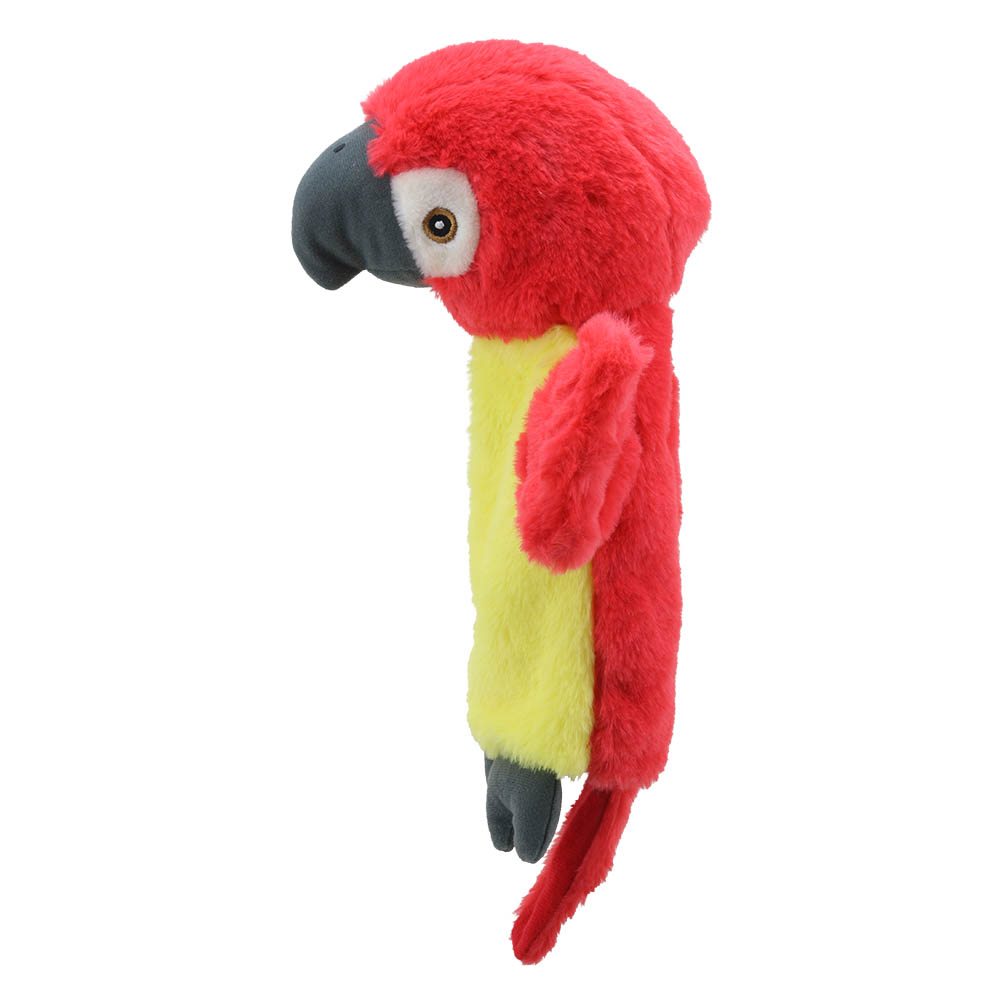 The Puppet Company baby hand puppet parrot, red macaw with a grey beak, side view