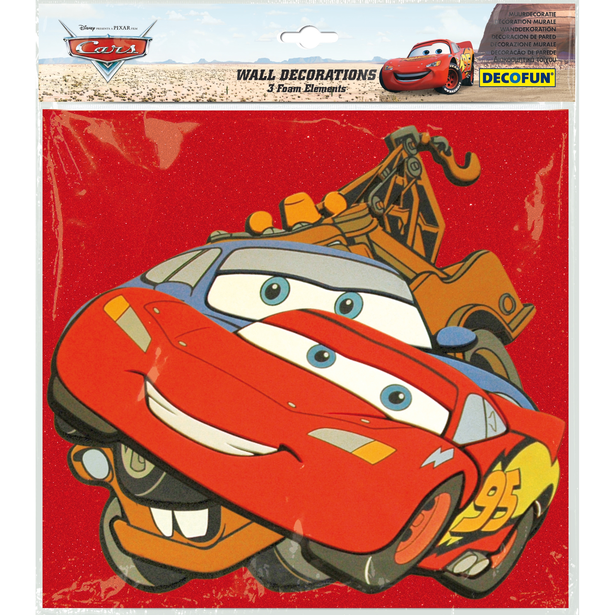 decofun Wanddekoration Pixar Cars in Verpackung, Lightning McQueen und Hook vor rotem Glitzerhintergrund