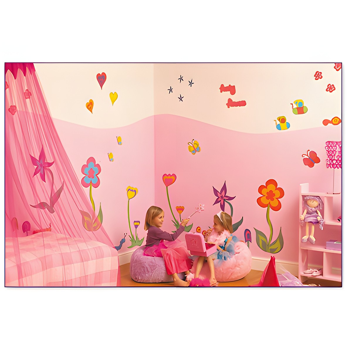 funtosee wall sticker flower world, two girls on bean bags in front of a wall decorated with flowers, hearts and butterflies