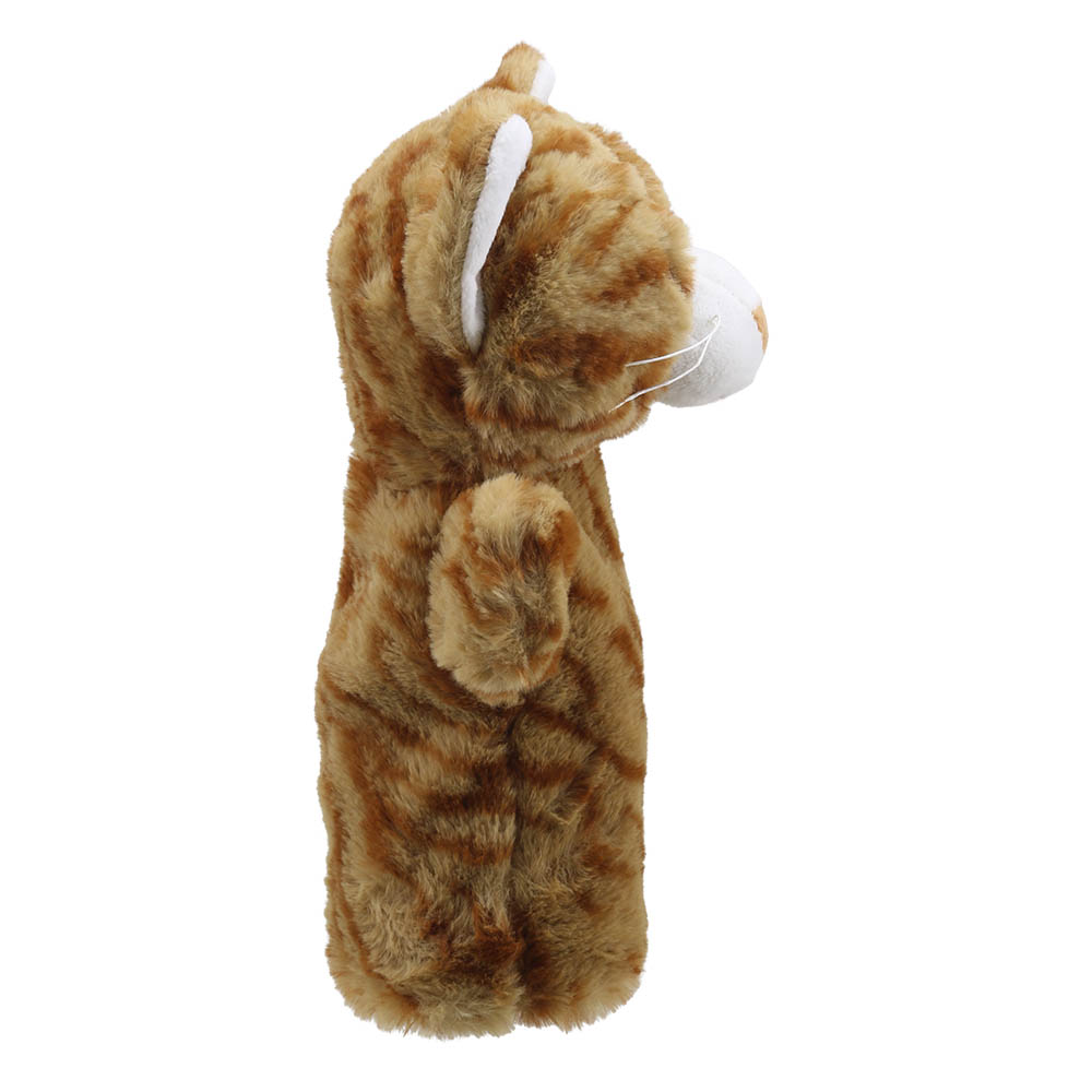 The Puppet Company Baby-Handpuppe Katze, rot-braun getigerte Katze mit weißer Schnauze, Seitenansicht von rechts