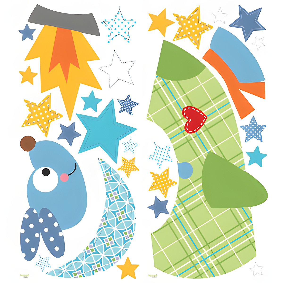 RoomMates wall decal Rocketdog, decal sheet with rocket nose cone, stars and moon motifs on a white background